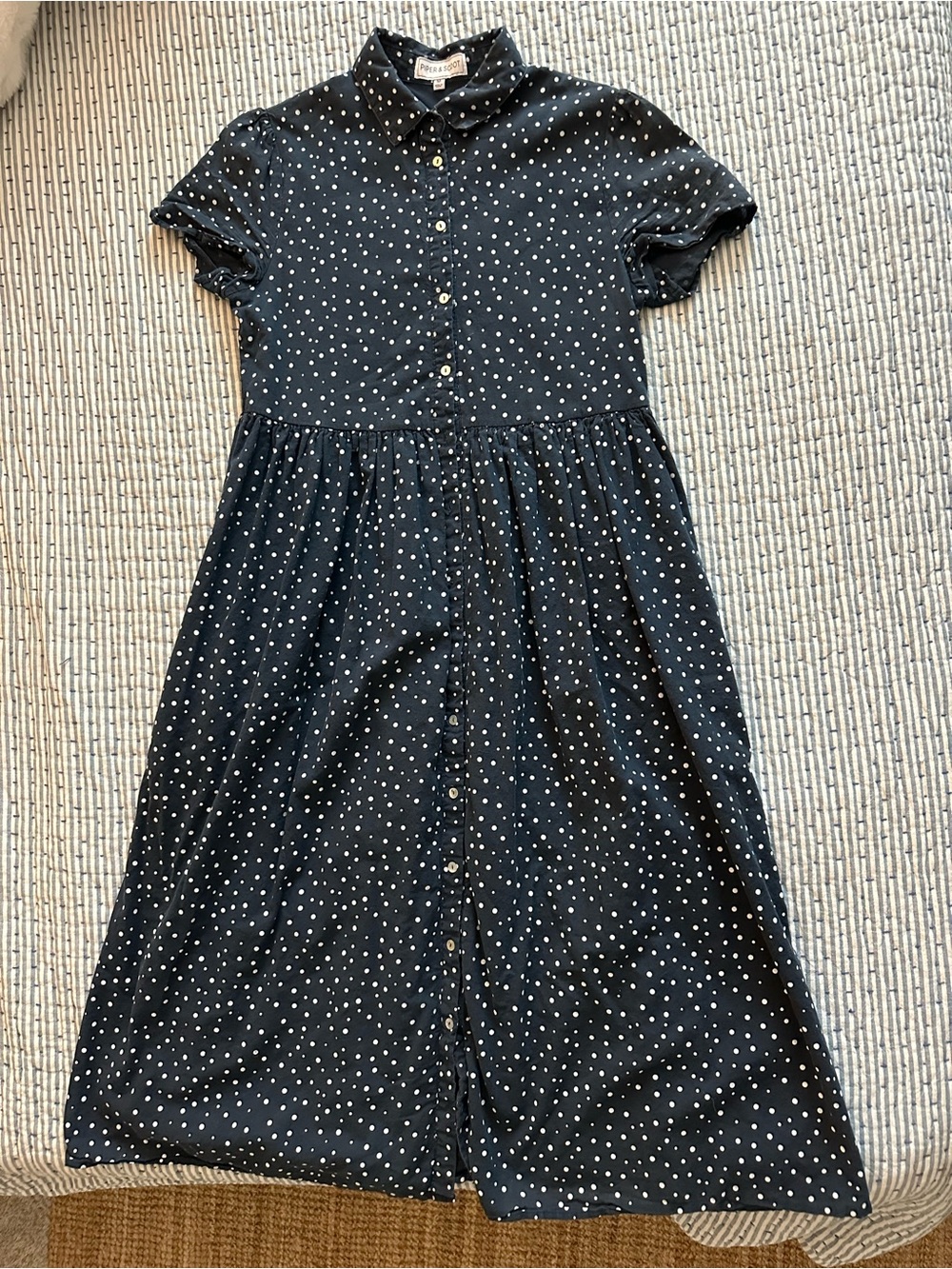 Polka Dot Button-Front Dress - Navy
